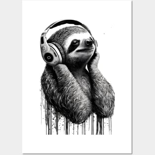 Sloth Painting Wearing Headphones in Black and White Posters and Art